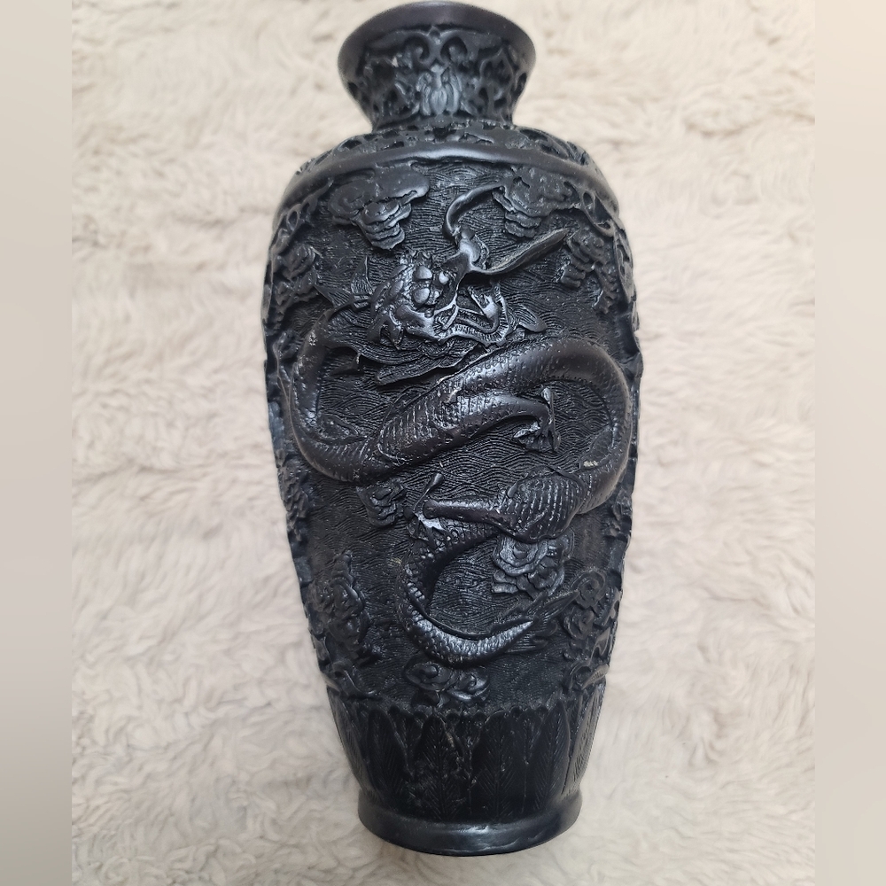 Vintage Chinese Black Embossed Double Dragon Cinnabar Style Decorative Vase